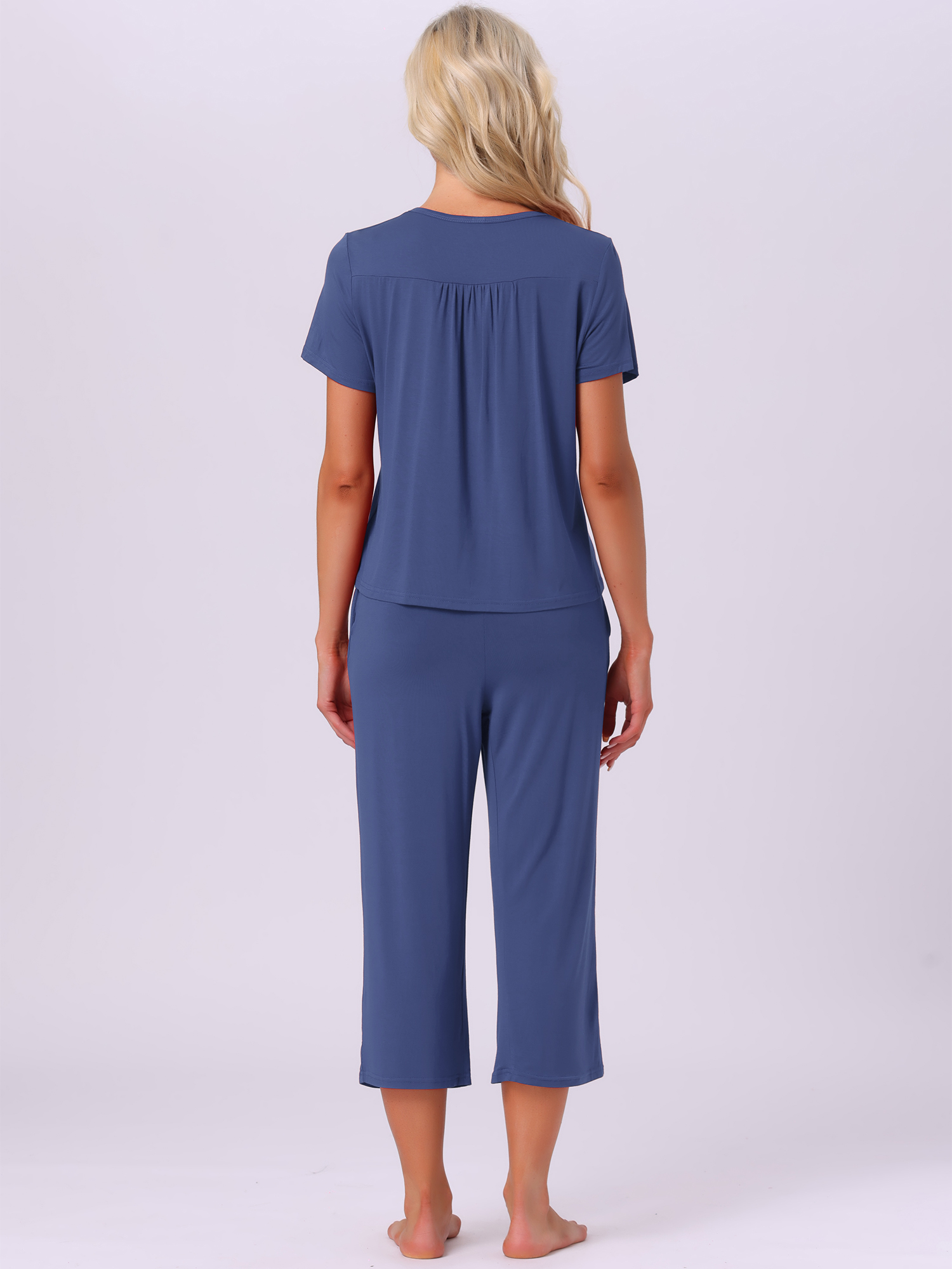DARING DIVA Capri Pajamas Set Button Up Sleepwear V Neck 2 Piece Pjs XS Navy