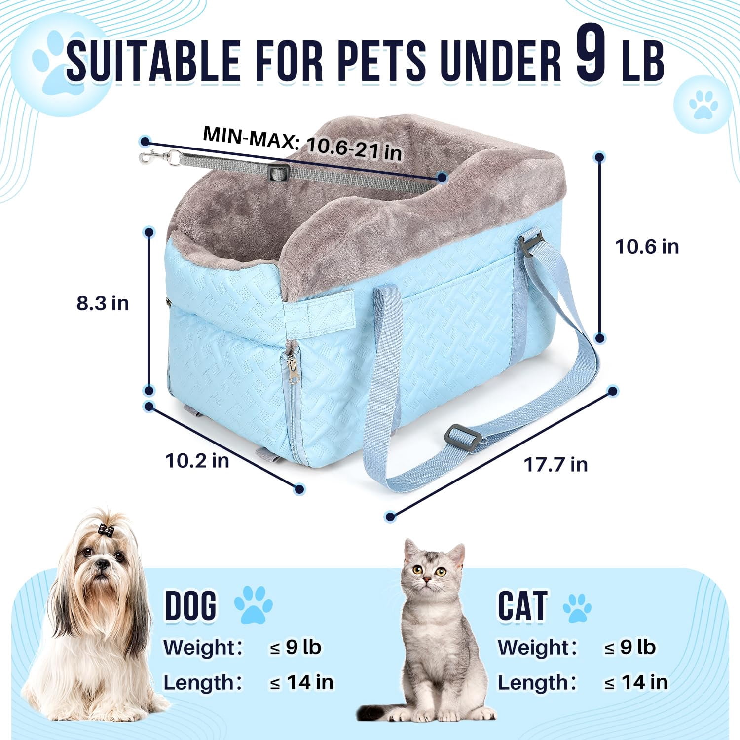 Console Dog Car Seat - Portable Center For Small Dogs Up To 9 Lbs  Washable Pet Carseat With Soft Cushion Safe Protection Hooks & Storage Pocket Blue