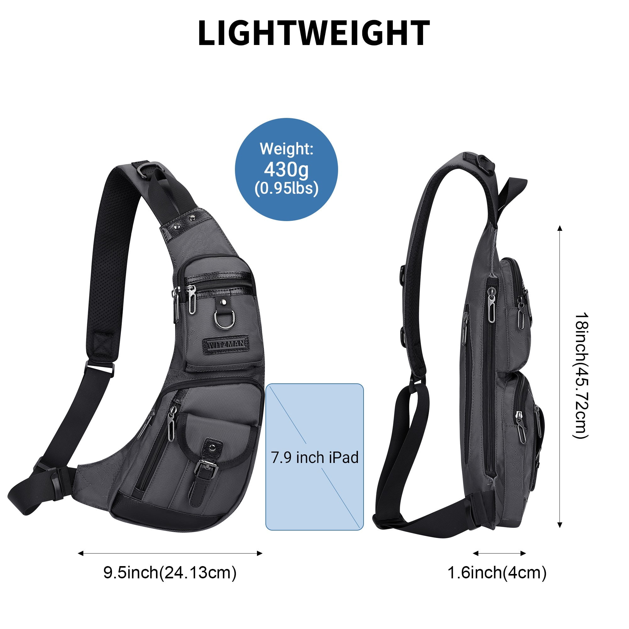WITZMAN Sling Bag for Men Crossbody Bag Travel Sling Backpack Slim Chest Bag Lightweight Casual Daypac (B702 Silvery Grey)