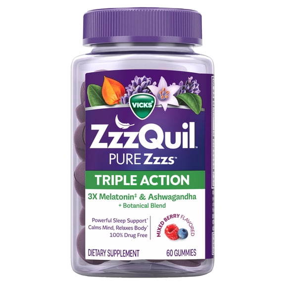 ZzzQuil PURE Zzzs Triple Action, Sleep Aid, Melatonin Gummies, Melatonin 6mg, with Ashwagandha, 60 Sleep Gummies