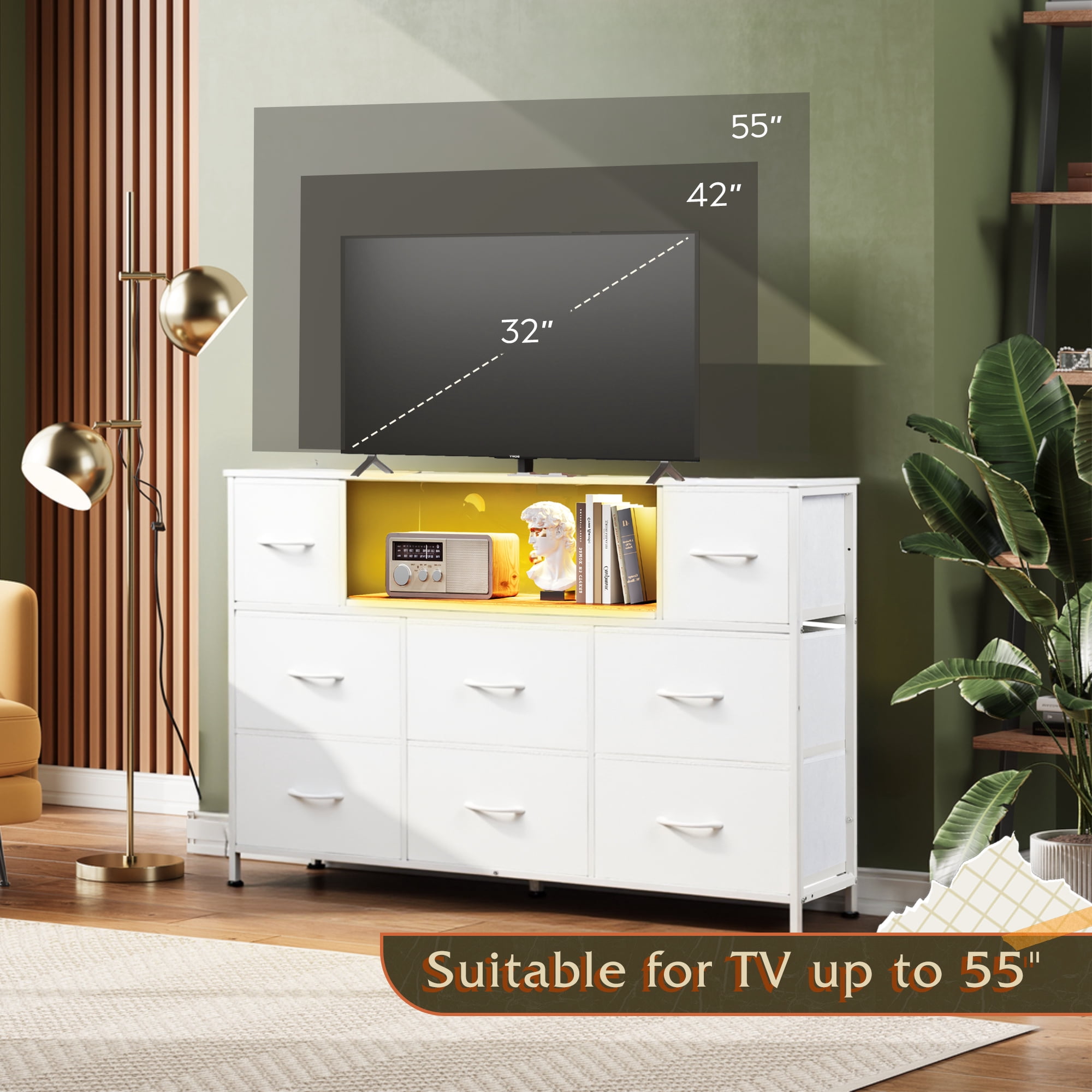 GALAXHERO 8-Drawer Dressers for Bedroom, Dresser TV Stand for 55'' TV with LED Lights and Power Outlets, Fabric Chest of Drawers for Living Room, Entryway, White