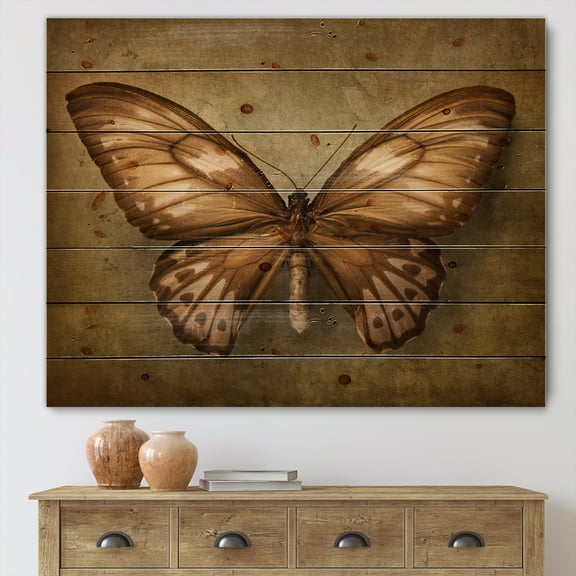 Designart 'Ancient Butterfly In Earth Tones' Vintage Print on Natural Pine Wood