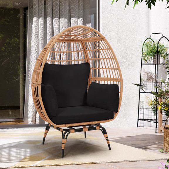 TUAREX Oversized 360° Swivel Egg Chair, Rattan Wicker Patio Egg Chair for Outdoor Indoor with Overstuffed Cushions, Natural Rattan, Black Cushion