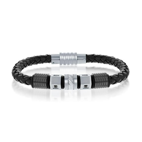 Men’s Braided Genuine Leather Cuff Bangle Bracelet| Black & Silver with Simulated Black Diamond CZ Stainless Steel 8.5” Bracelet | Fashion Jewelry for Men/Father’s Day
