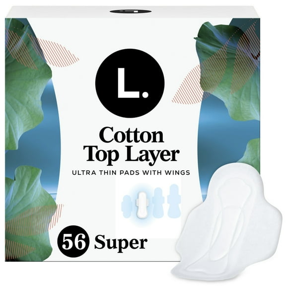L. Ultra Thin Pads for Women, Organic Cotton Top Layer, Super Absorbency, Menstrual Pads with Wings, 56 Count