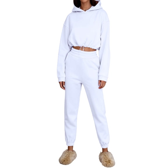 Womens 2 Piece Outfits Hoodie Sweatsuit Sets Over Sized Sweatshirt Baggy Fall Fashion Sweatpants With Pockets Hooded Sweatshirt and Lounge Pants Set for Weekend Wear - White S