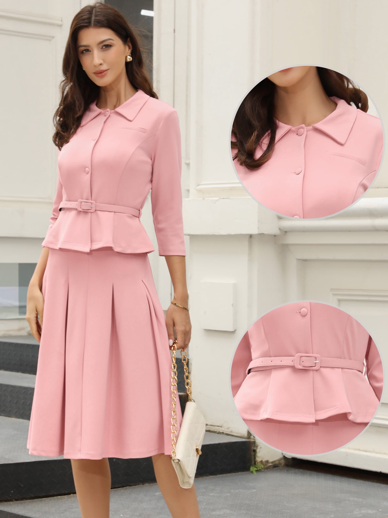 DARING DIVA 2Pcs Women's Office Blazer Jacket Pleated Skirt Suit Set XL Dusty Pink