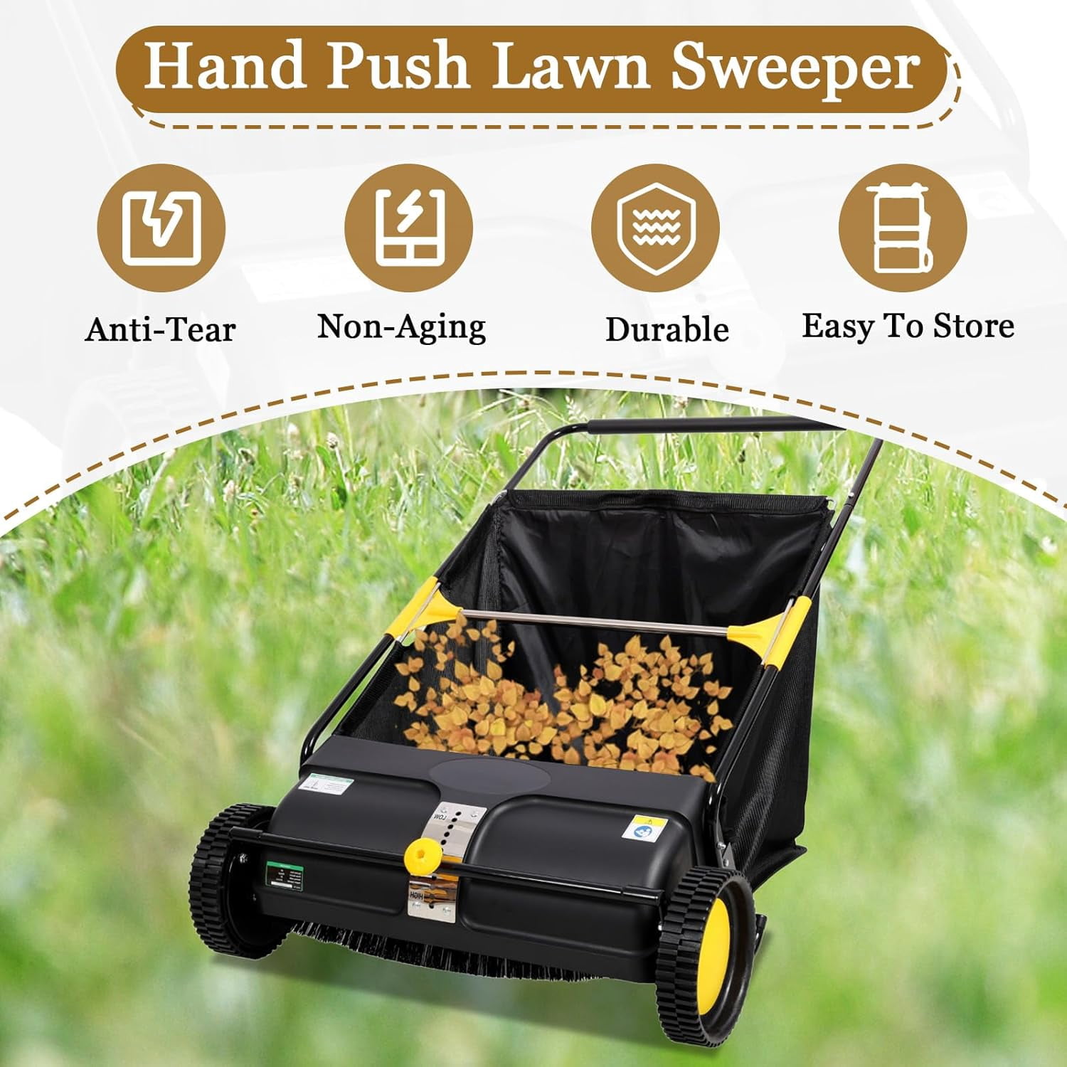 Elleree 26 inch Hand Push Lawn Sweeper for Leaves and Grass Clippings & Yard Debris,Leaf & Grass Collector with Wheels ,4 Spinning Brushes & 7 cu ft Hopper Bag