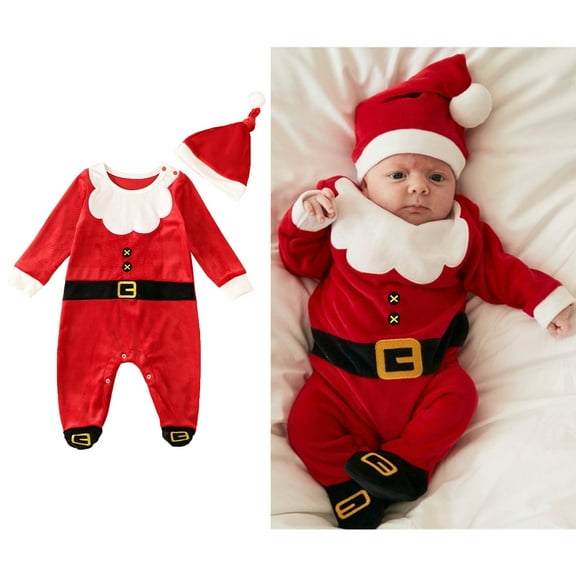 Santa Baby Outfit Long Sleeve Santa Bodysuit Hat Set Holiday Party Dress Baby First Christmas Outfit Boy 6-12 Months