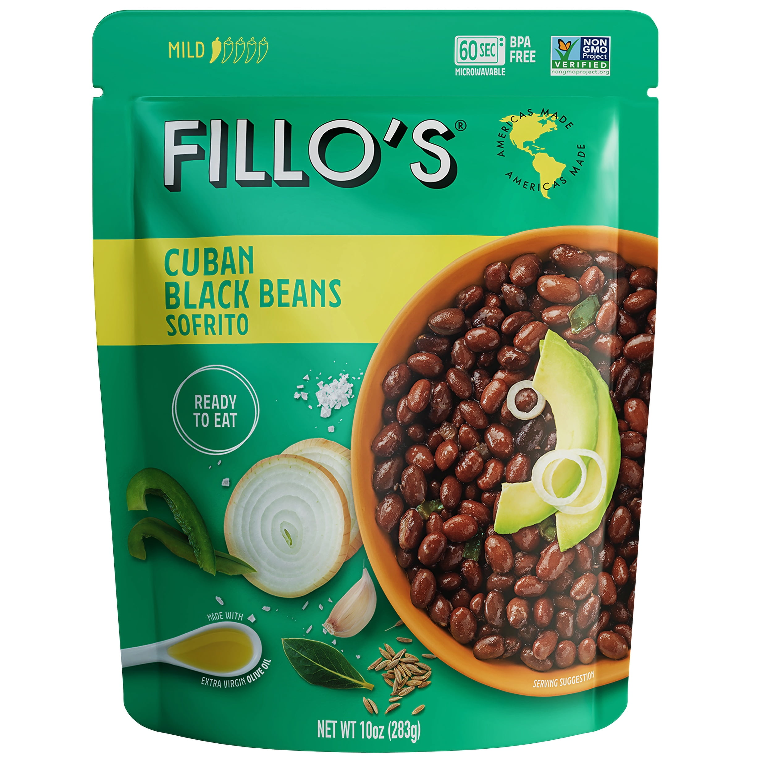 (4 pack) FILLO'S Cuban Black Beans Mild Spice - Single Pouch, 10 oz