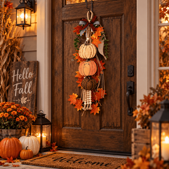 Zydvens 22.8" Lighted Fall Pumpkin Door Hanging - Rustic Wooden 3-Tier Pumpkin Swag with Maple Leaves Wood Beads for Front Porch Thanksgiving Decor & Autumn Decorations