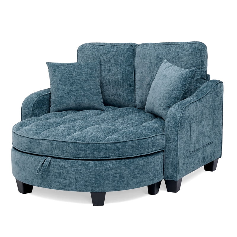 Double Sofa Chaise Lounge with 2 Pillows and Irregular Armrests, 2-Seater Sofa with Storage Ottoman, Convertible Sleeper Sofa Bed for Living Room Bedroom