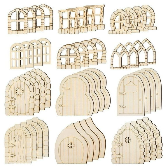 48Pcs Unfinished Miniatures Door Unpainted Fairy Home Decor Fairy Door Wood Garden Door Mini Window Fairy House DIY Kits