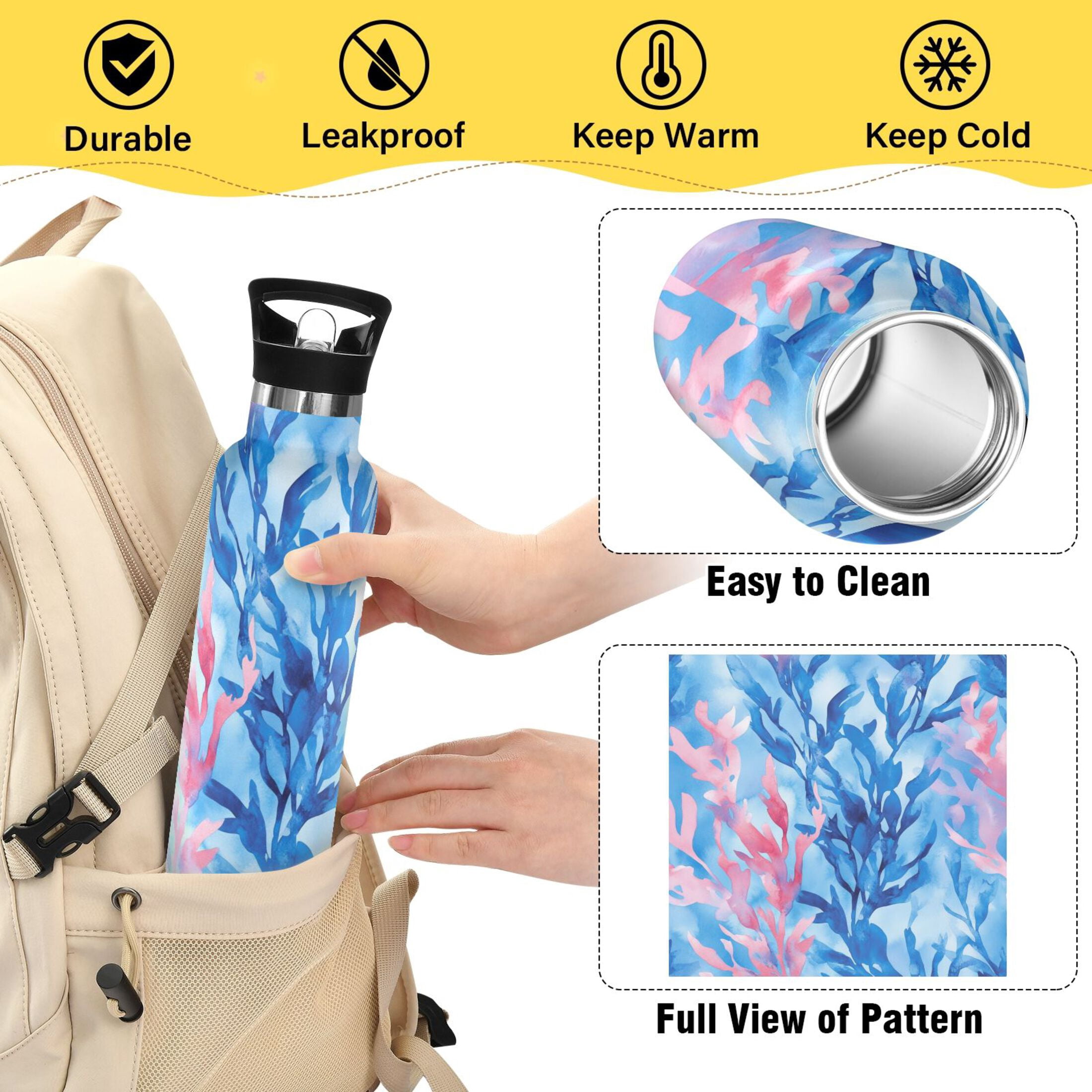 Kids Insulated Stainless Steel Sports Water Bottle 600ml (20oz) Watercolor Kelp Pattern