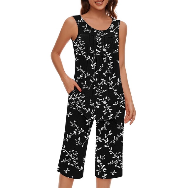 Conjunto de Ropa de Estar de Mujer Cuello Redondo Impresión Blusa sin Mangas Pantalones Cortos, Pantalones de Cintura Elástica para las Mujeres