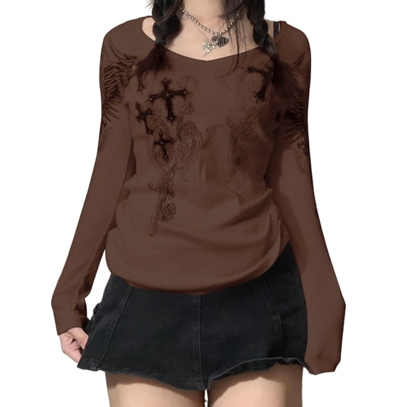 Aunavey Vintage Fairy Print Long Sleeve Blouse Top for Women Rhinestone Graphic T-Shirts 90S Grunge Tees