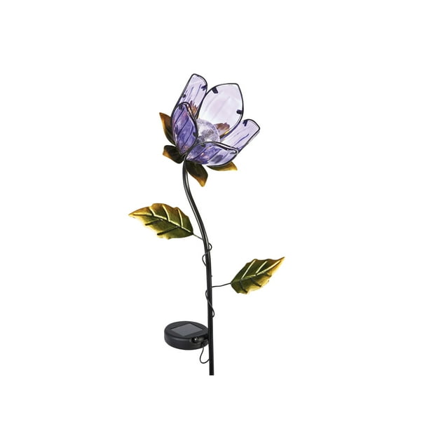Lighted Purple Flower Glass Metal Garden Stake Solar Powered Light Up 36 Tall Com Lighted Purple Flower Glass Metal, Solar Glass Flowers For Garden
