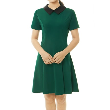 Women Contrast Doll Collar Short Sleeves Flare Dress Green (Best Colour Contrast In Dresses)