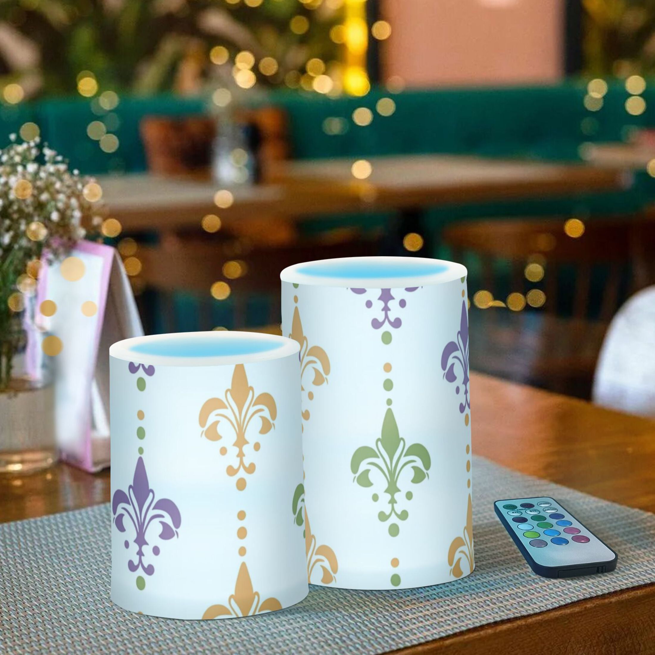 Mardi-gras Flower Patterns Flickering Flameless Candles LED Tealight Battery Operated with Remote Set of 2 Holiday Decor Ornaments