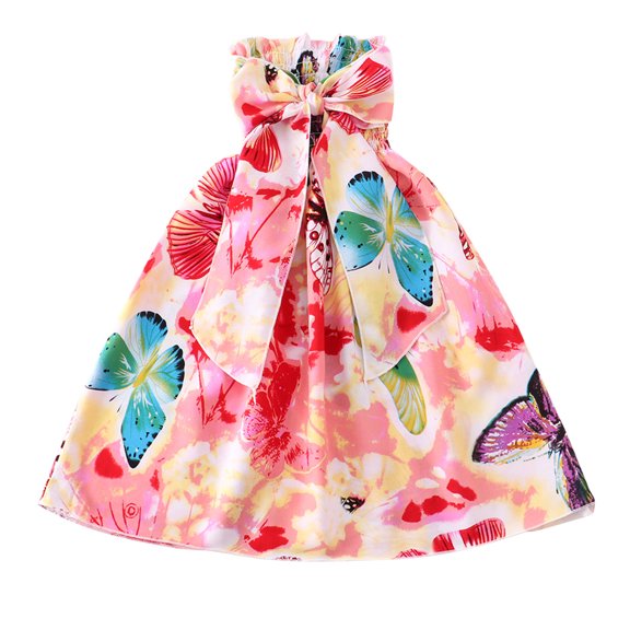 Coerni Toddler Kids Girls Boho Dress Floral Flowers Bowknot Sleeveless Beach Straps Dress Toddler Summer Backless Dress