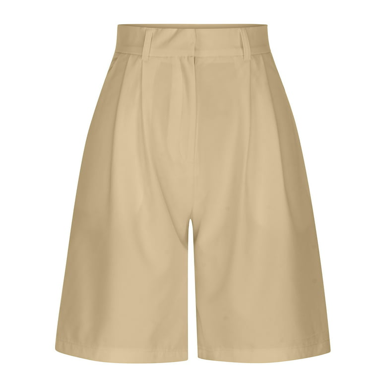 Clearance RYRJJ Women Business Casual Button Dress Shorts High Waist Wide  Leg Pleated Shorts Summer Solid Bermuda Shorts with Pockets(Khaki,L) 