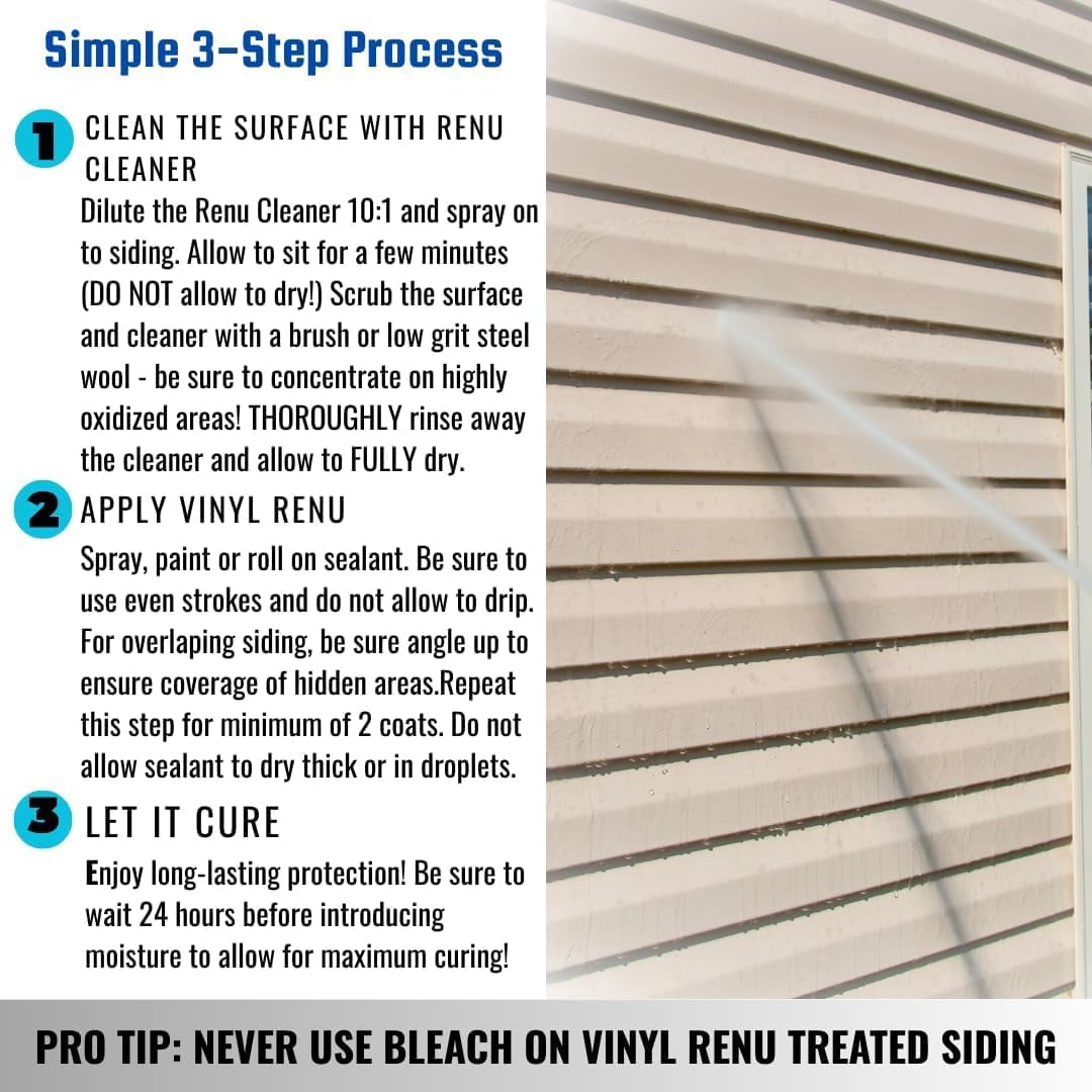 Vinyl Renu Premium Siding Restorer | Lasts 10+ Yrs | Restores Original Color & Beauty To All Siding Types | Rejuvenates & Protects Siding, Doors & Patio Furniture | Complete Kit (1 Gallon)