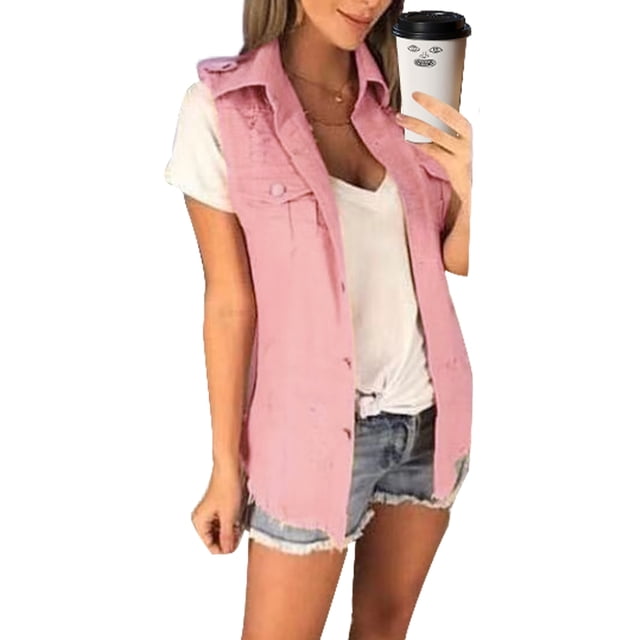 LUXUR Ladies Vest Lapel Collar Tanks Button Down Coat Comfortable Denim Solid Color Outwear Top Pink M