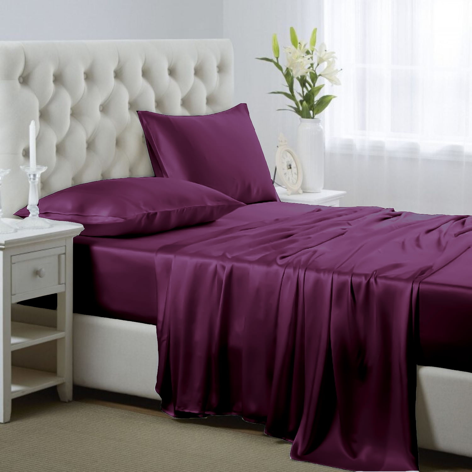 Luxury Satin Sheets Set Twin Size Purple, 3Piece Bedding Sets with