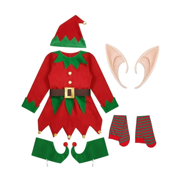 Christmas Elf Costumes Clothes Fancy Dress Shoe Covers with Hat Cosplay Outfit for Holiday, Masquerade, Festival, Mardi Gras XL for 140to150cm
