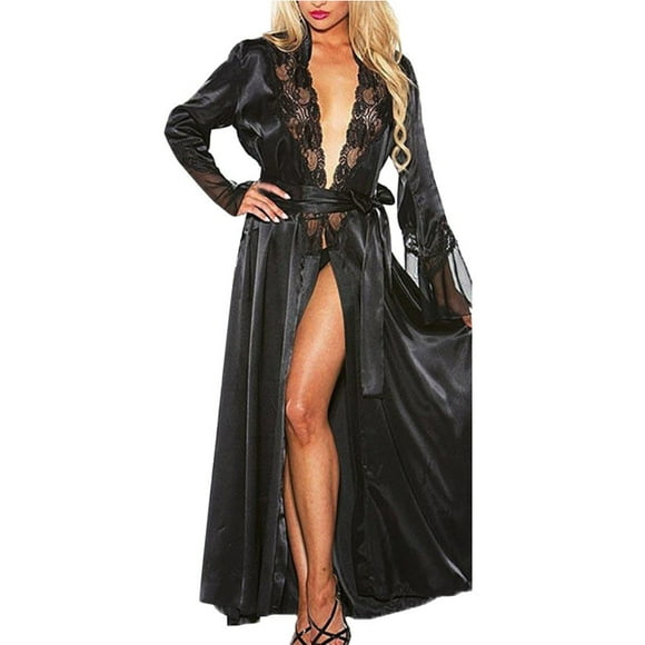 GDREDA Valentine Day Lingerie for Women Sexy Long Silk Kimono Dressing Gown Lace Lingerie Bath Robe Black,S