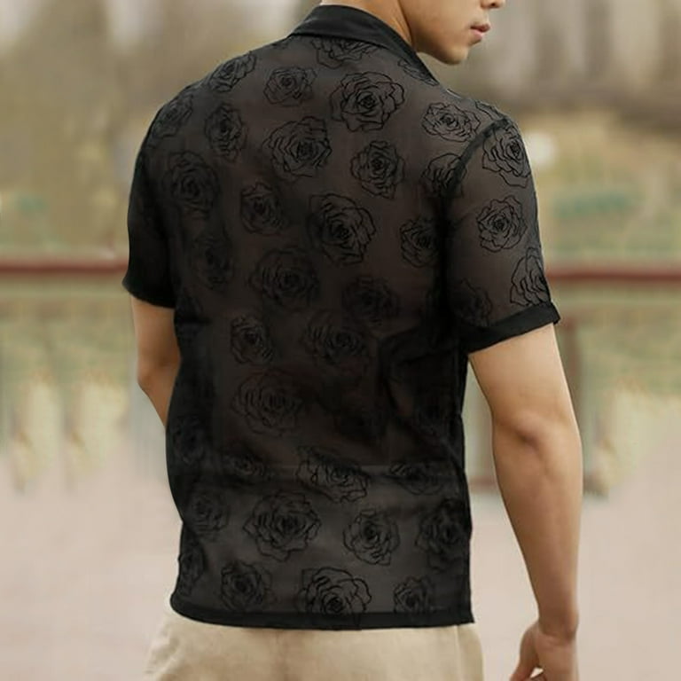 トップス SHEER FLOWER SHORT SLEEVE SHIRTS BLACK Semi-Sheer Short-Sleeve Top in Floral Lace