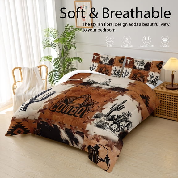 Western Cowboy Comforter Set Twin Size, Splicing Bedding Set, 3-Piece Set (1 Comforter 2 Pillowcases), Soft, Comfortable, and Breathable Printed Set