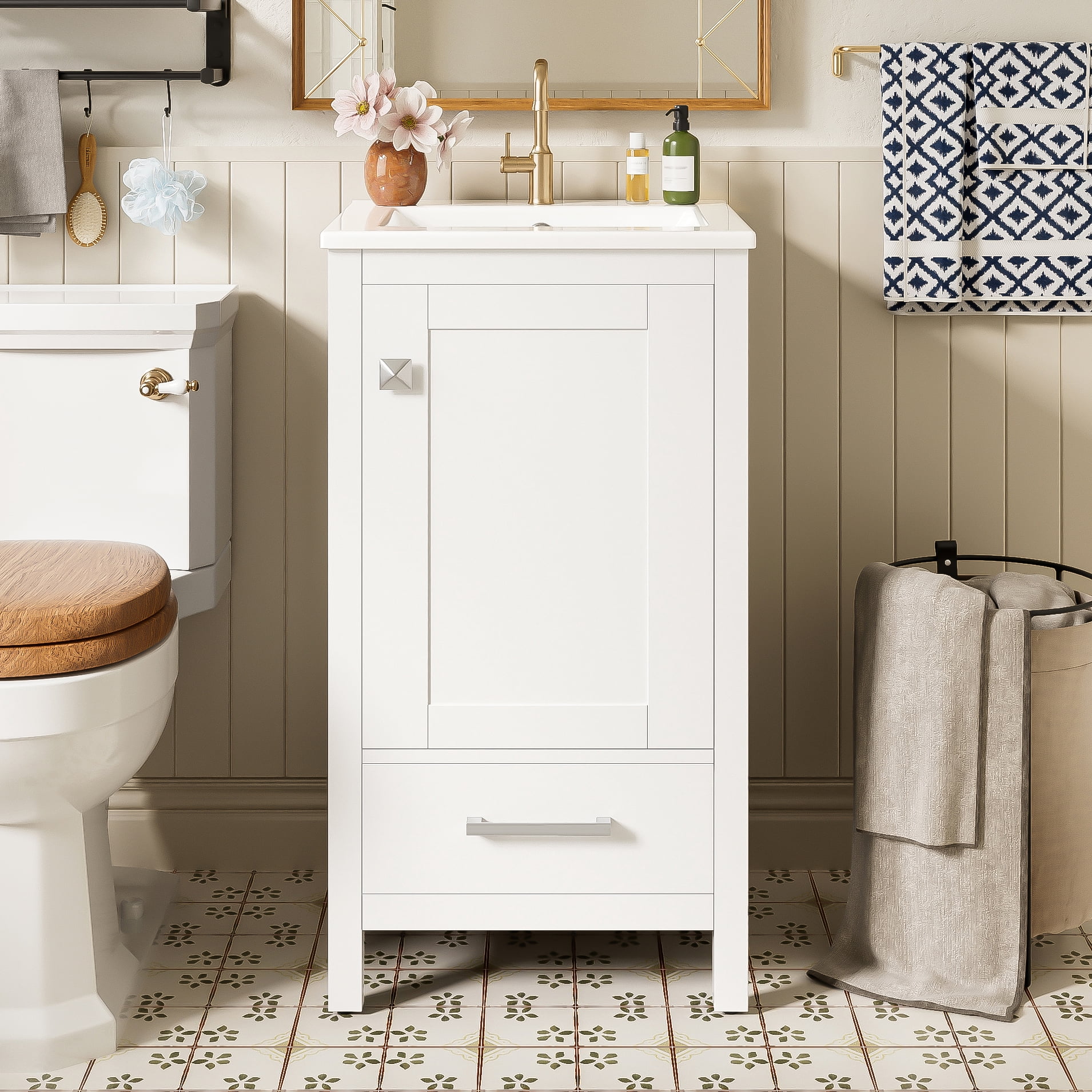 18" Sturdy Wood Small Bathroom Storage Cabinet, Bathroom Organizer Cabinet with Soft Close, Compact Vanity Unit for Small Spaces with Ceramic Sink for Bathroom, White