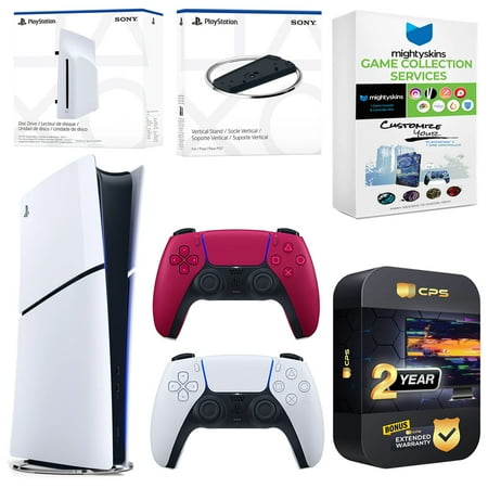 Sony PlayStation 5 Slim Digital Bundle with Disc Drive, Extra Controller, Vertical Stand, MightySkins Game Collection Services and 2 Year Extended Warranty - Cosmic Red
