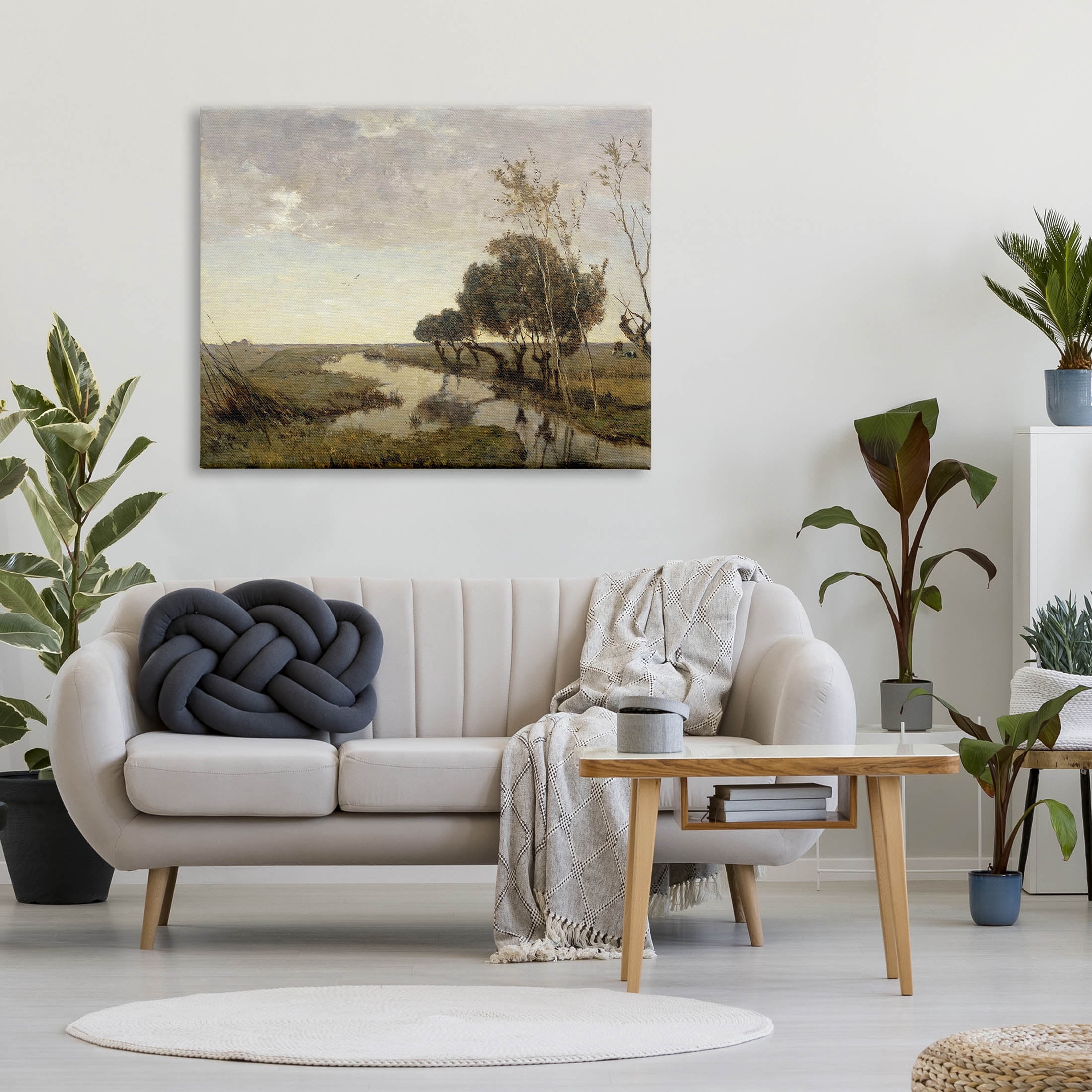 Classic Stream Animals Grazing Landscape Painting Gallery Wrapped Canvas Print Wall Art