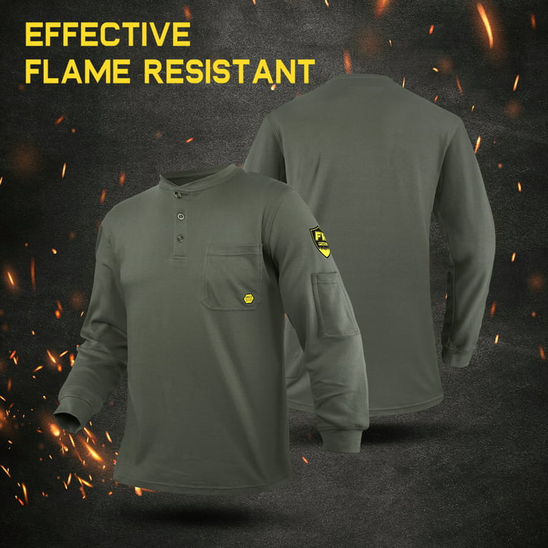 PTAHDUS Men's Flame Resistant Long Sleeve Henley Shirt, 7.1 Ounce 100%  Cotton FR Workwear Clothing for Men (Grey, Large)