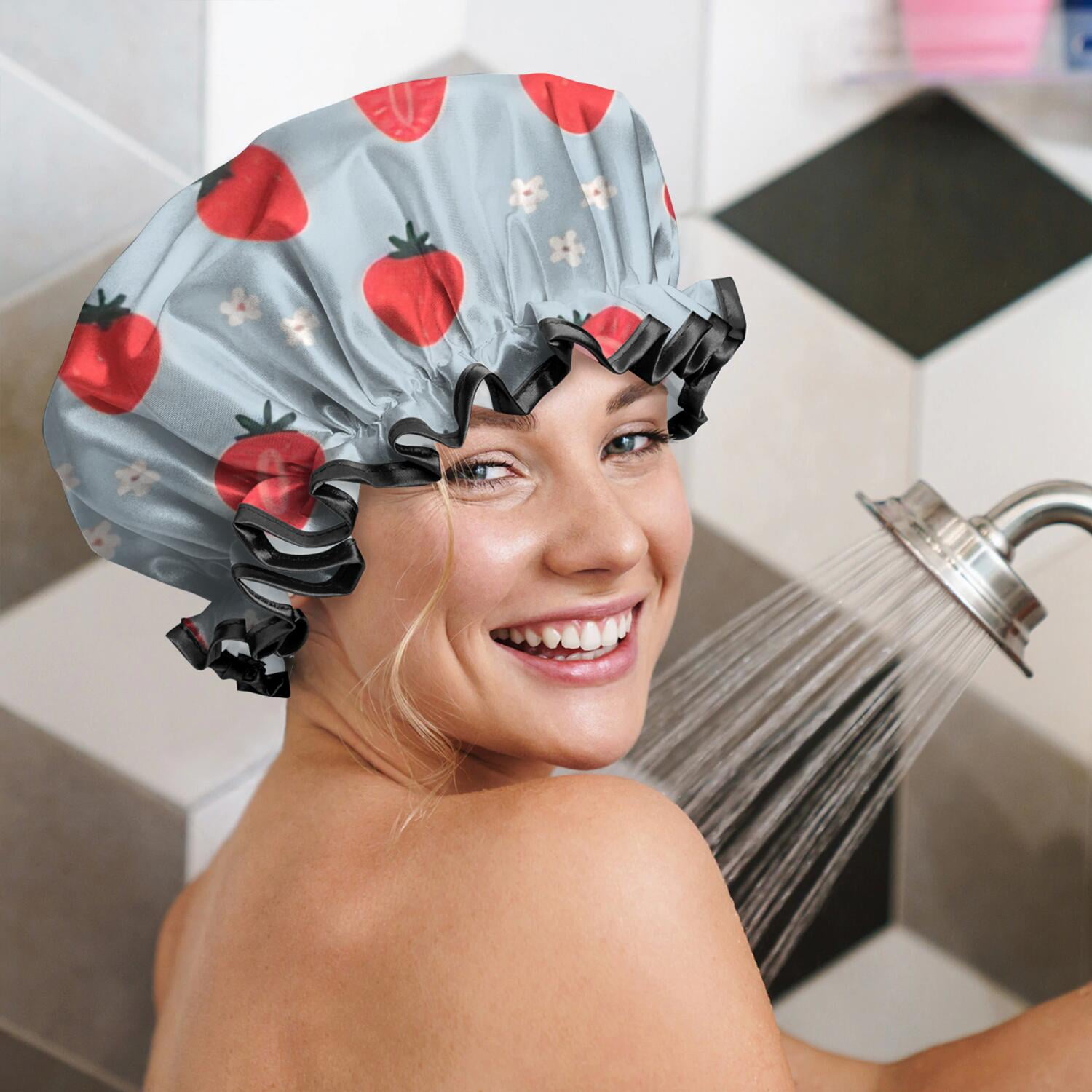 Shower Caps,Strawberry Plants Fruit Flower Waterproof Shower Cap for Women 4 Pieces,Double Reusable Hair Cover for Shower PEVA Elastic Stretch Hem