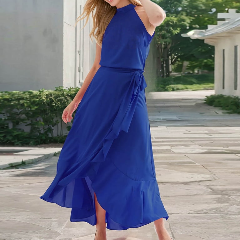 Lenpel Sleeveless Dress for Women Halter Neck Split Ruffle Hem Flowy Maxi  Dress 2025 Trendy Summer Dresses - Walmart.com
