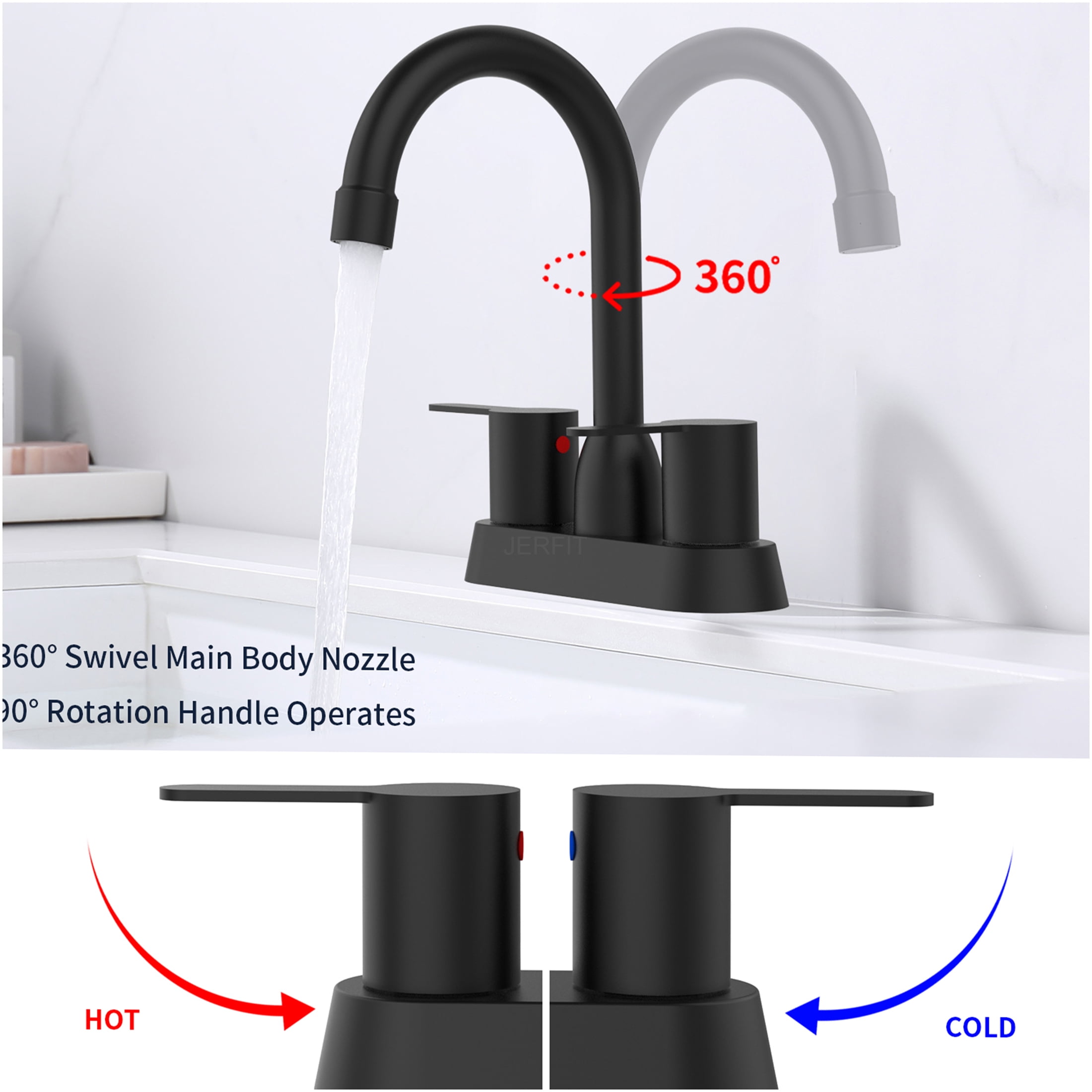 JERFIT Modern Matte Black 2-Handle Centerset Bathroom Sink Faucet for 3-Hole Deck Mount, Brushed Nickel Accents