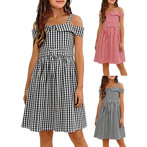 Afuyipoi Girls Sleeveless Dress Size 3-13 Plaid Round Neck Spaghetti Strap Summer Sundress for Kids Casual Daily Wear Black Size 5