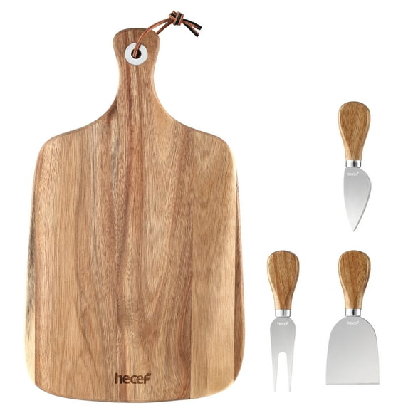 Hecef Cheese Cutting Board Set of 4, Larger Acacia Wood Charcuterie Serving Platter with Knife Set and Handle