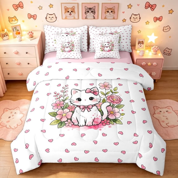 Manfei Bowknot Kitten Twin Bedding, Cartoon Blossoms Flower Bedding Comforter Set, Pink, Pink Reversible, 7 Pieces