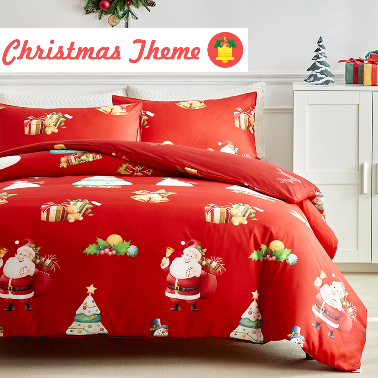 PERFEMET Merry Christmas Comforter Set 3Pcs Twin Size Red Santa Claus Elk Bedding Set for Boys Girls Xmas Tree Bell Bed Set for Christmas Decor 100% Soft Microfiber Quilt Set (Santa Claus, Twin)