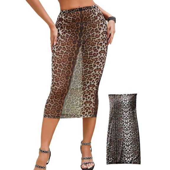 PULLIMORE Women's Leopard Print Sheer Mesh Midi Skirt - Sexy Slim Fit Stretch Skirt (S- XL)