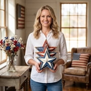 4th of July Tiered Tray Decor Wooden Star Set, 3 Pcs Memorial Day Table Decorations, Rustic Patriotic Tabletop Home Decor, Red White and Blue Decorations for Home