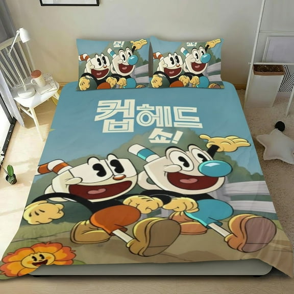 Cartoon 3 Piece Bedding Set The Cuphead Show Movie Comforter Set Cute Duvet Cover Sets Super Soft Girls Bedding Set Kids Bedroom Gifts,1 Duvet Cover with 2 Pillowcases Twin