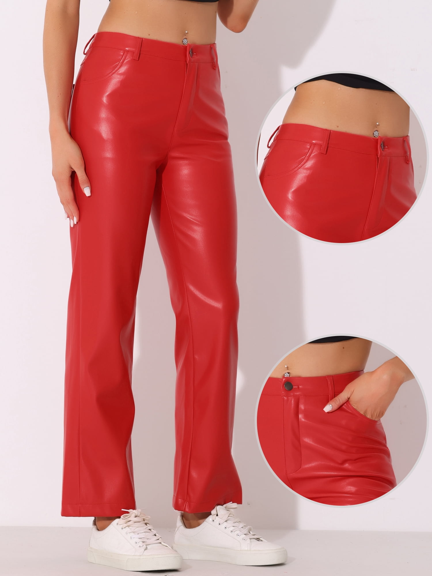 DARING DIVA Women's Faux Leather High Waist Straight Leg PU Punk Trousers M Red