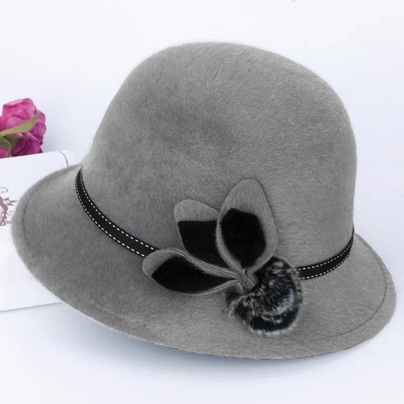 Opolski Lady Hat Elegant Wide Brim Keep Warm Solid Color Winter Autumn Ladies Dome Hat with Flower for Daily Wear Khaki