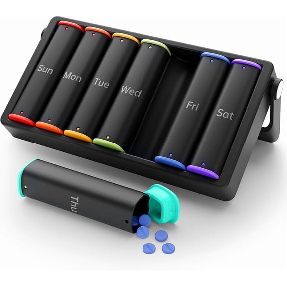 Xuet 7-Day AM/PM Pill Organizer, Travel Pill Case with Rotatable Handle