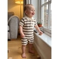 thumbnail image 3 of BemeyourBBs Newborn Baby Boy Summer Clothes Outfit Striped Waffled Knit Romper Cute Short Sleeve Collared Button-up Chest Pocket Jumpsuit Bodysuit 0 3 6 9 12 18 Months, 3 of 9
